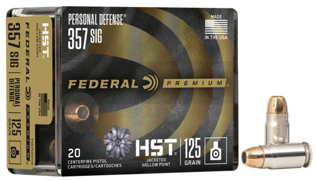 Federal Premium Personal Defense HST 357 Sig 125 Grain Jacketed Hollow Point Nickel-Plated Cased Centerfire Pistol Ammo 20 Rounds