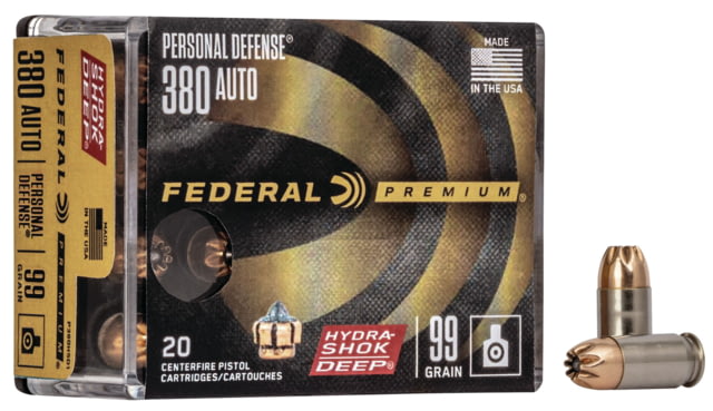 eral Premium .380 ACP 99 Grain Hydra-Shok Deep Jacketed Hollow Point Brass Centerfire Pistol 20 Rounds Ammo