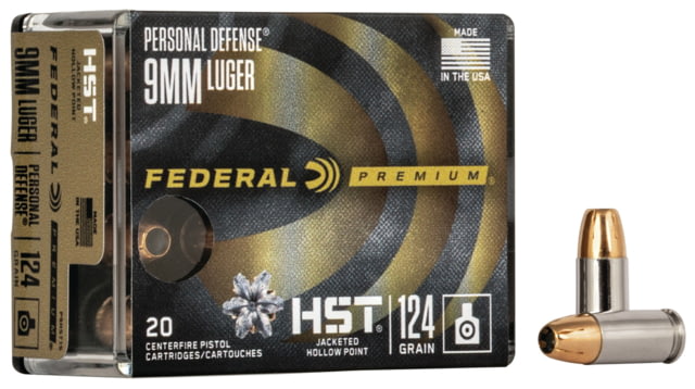 eral Premium Personal Defense HST 9mm Luger 124 Grain Jacketed Hollow Point Nickel-Plated Cased Centerfire Pistol 20 Rounds Ammo