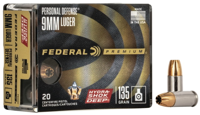 eral Premium Personal Defense 9mm Luger 135 Grain Hydra-Shok Deep Nickel-Plated Brass Case Centerfire Pistol 20 Rounds Ammo