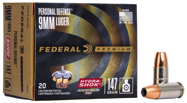 Federal Premium Centerfire Handgun Ammunition 9 mm Luger 147 grain Hydra-Shok Jacketed Hollow Point Centerfire Pistol Ammo 20 Rounds