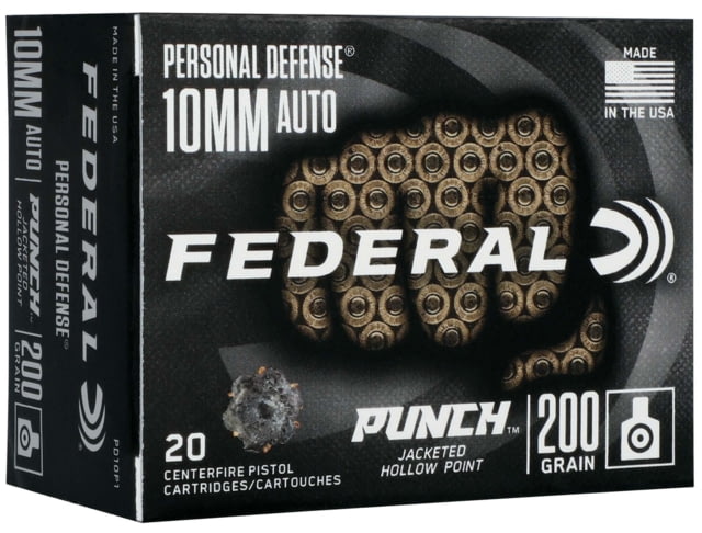 eral Premium Personal Defense Punch 10mm Auto 200 Grain Jacketed Hollow Point Nickel Plated Brass Cased Centerfire Pistol 20 Rounds Ammo