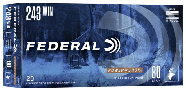 eral Premium Power-Shok .243 Winchester 80 Grain Jacketed Soft Point Centerfire Rifle 20 Rounds Ammo