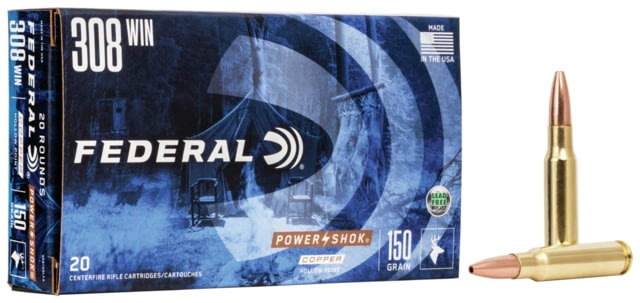 Federal Premium POWER-SHOK .308 Winchester 150 Grain Copper Hollow Point Brass Cased Centerfire Rifle Ammo 20 Rounds eral Premium POWER-SHOK .308 Winchester 150 Grain Copper Hollow Point Brass Cased Centerfire Rifle 20 Rounds Ammo