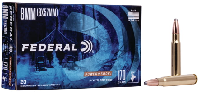 Federal Premium Power-Shok 8mm 170 Grain Jacketed Soft Point Centerfire Rifle Ammo 20 Rounds