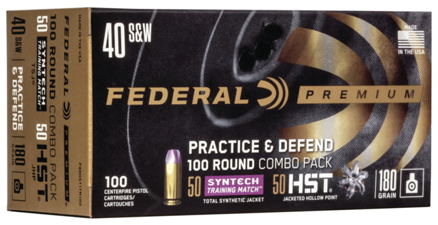 eral Premium Practice & Defend 40 S&W 180 Grain HST JHP/Syntech TSJ Centerfire Pistol 100 Rounds Ammo