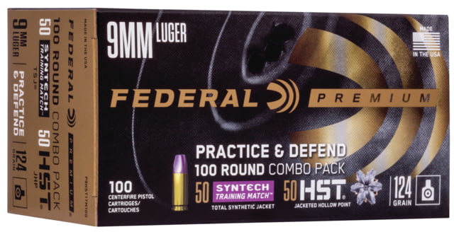 eral Premium Practice & Defend 9mm Luger 124 Grain Syntech Total Synthetic Jacket Centerfire Pistol 100 Rounds Ammo