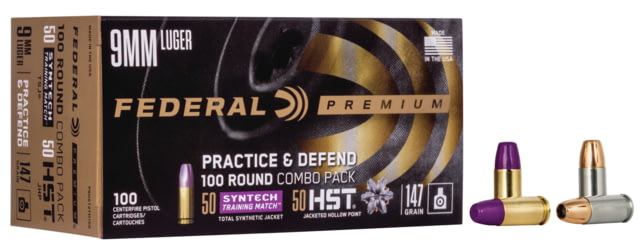 Federal Premium Practice & Defend 9mm Luger 147 Grain HST JHP/Syntech TSJ Centerfire Pistol Ammo 100 Rounds eral Premium Practice & Defend 9mm Luger 147 Grain HST JHP/Syntech TSJ Centerfire Pistol 100 Rounds Ammo