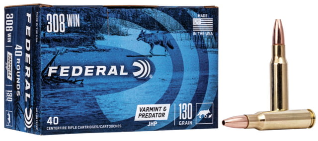 Federal Premium VARMinT / PREDATOR .308 Winchester 130 Grain Jacketed Hollow Point Centerfire Rifle Ammo 40 Rounds - Federal