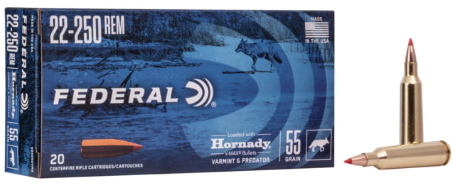 Federal Premium Varmint & Predator Rem 55 Grain Hornady V-Max Brass Cased Centerfire Rifle Ammo 20 Rounds