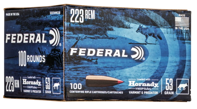 Federal Premium Varmint & Predator 223 Rem 53 Grain Hornady V-Max Brass Cased Centerfire Rifle Ammo 100 Rounds