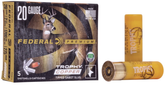 eral Premium Vital Shok 20 Gauge 275 Grain 2-3/4in Trophy Copper Sabot Slug Centerfire Shotgun Slug Shot 5 Rounds P208 TC Ammo