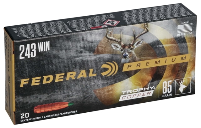 Federal Premium VITAL-SHOK .243 Winchester 85 Grain Trophy Copper Brass Cased Centerfire Rifle Ammo 20 Rounds eral Premium VITAL-SHOK .243 Winchester 85 Grain Trophy Copper Brass Cased Centerfire Rifle 20 Rounds Ammo