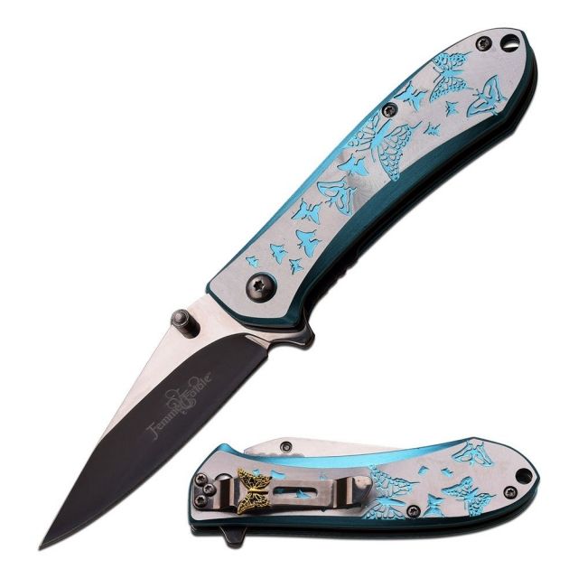 Femme Fatale Folding Blade 3in Stainless Steel Blade Blue & Silver 2 Tone Anodized Aluminum Handle - Femme Fatale