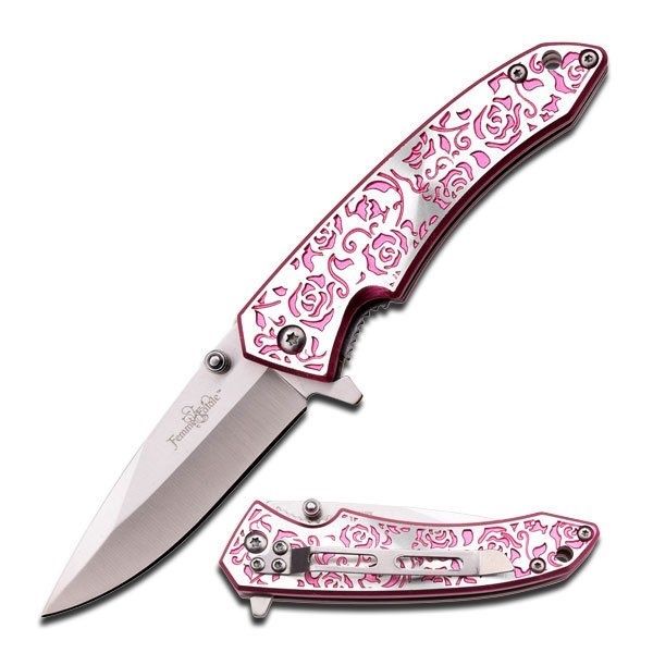 Femme Fatale Folding Blade 3in Stainless Steel Blade Pink Rose Texture On Cd Glare Aluminum Handle - Femme Fatale
