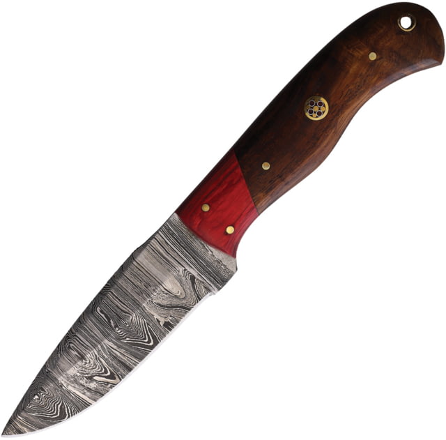 FH Knives Damascus Fixed Blade Knife 8in Overall 3.75in Damascus Steel Blade Brown/Red Wood Handle Brown Leather Belt Sheath BOX - Fh Knives