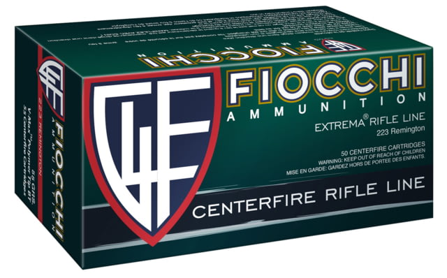 Fiocchi Extrema .223 Remington 55 Grain Spitzer Brass Cased Rifle Ammo, 50 Rounds, 223HVC50