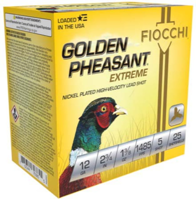US Fiocchi Golden Pheasant 12 Gauge 1 3/8 oz, 2.75in, 5 Size, 1485 Velocity Shotgun Ammo, 25 Rounds, 12GPX5 Tech Data