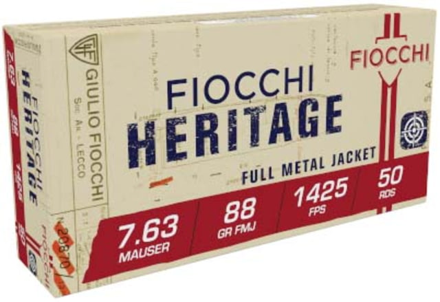 Fiocchi Heritage 7.63 Mauser 88 Grain FMJ Brass Pistol Ammo 50 Rounds