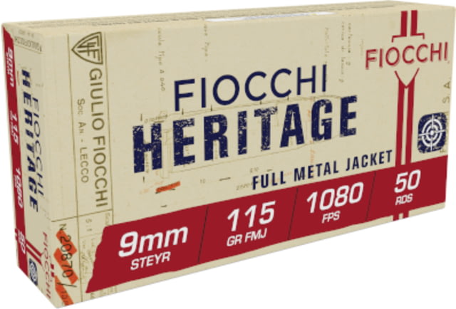 Fiocchi Heritage 9mm Steyr 115 Grain FMJ Brass Cased Pistol Ammo 50 Rounds cchi Heritage 9mm Steyr 115 Grain FMJ Brass Cased Pistol 50 Rounds Ammo