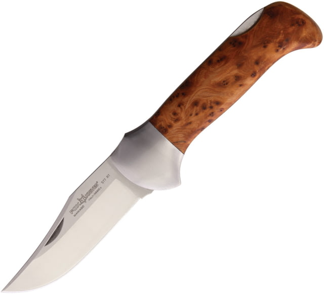 Fox Forest Radica Lockback Folding Knife 4.25" satin finish Bohler N690 stainless clip poin Burl wood handle