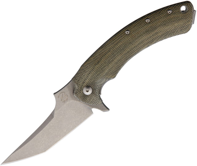 Fox Geco Framelock Micarta Folding Knife 3.25" stonewash finish Bohler N690 stainless blade Green canvas micarta handle with stonewash finish - Fox