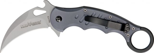 Fox Karambit Folding Knife 3in Stonewash Cobalt Vanadium Blade w/ Thumb Slot Gray Anodized Aluminum Handle FOX478 - Fox