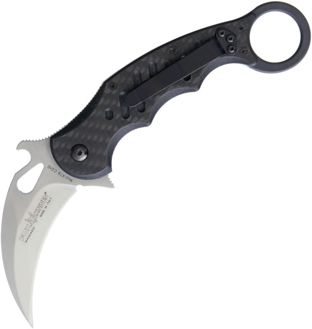 Fox Karambit Linerlock CF Folding Knife 3in Stonewash Bohler N690 SS Karambit Blade Thumb Pull Pocket Clip Finger Ring Black G10 And Carbon Fiber