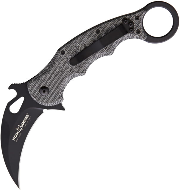 Fox Karambit Linerlock Folding Knife 3in black PTFE coated Bohler N690 stainless karambit blade Black linen micarta handle
