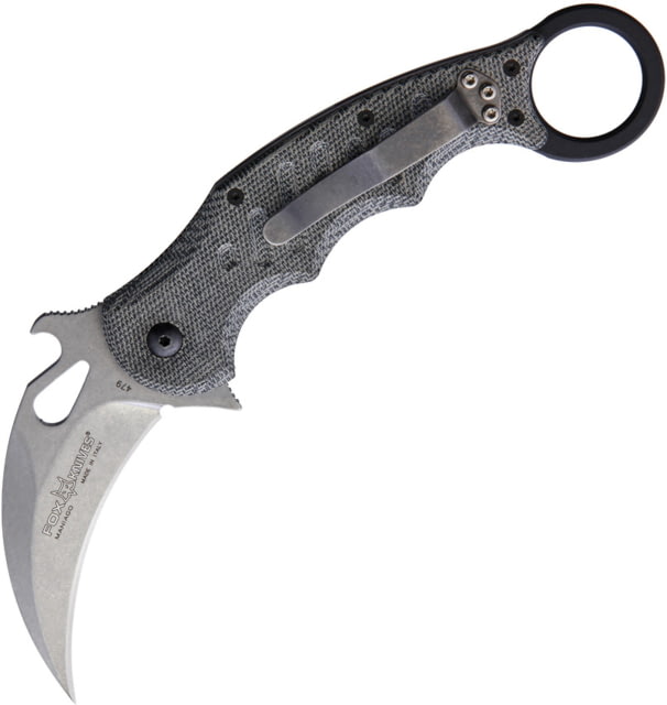 Fox Karambit Linerlock Folding Knife 3in stonewash finish Bohler N690 stainless karambit blade Black linen micarta handle