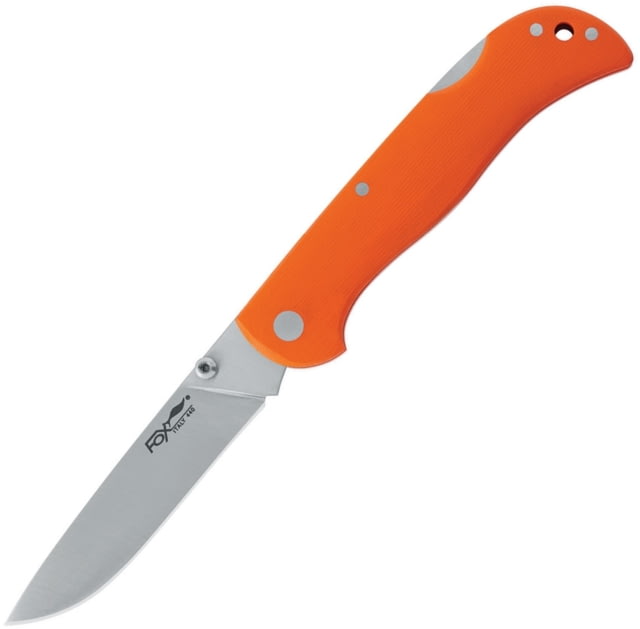 Fox Model 500 Lockback Folding Knife 3.25in Stonewash SS Drop Point Orange G10 Handle Thumb Stud Black Leather Belt Sheath Orange