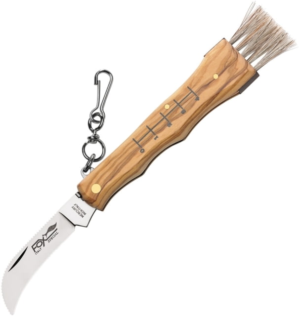 Fox Mushroom Knife Olive Wood Folding Knife 2.75in Mirror Niolox Tool Steel Hawkbill Blade Olive Wood Handle Keyring Brush Tweezers - Fox