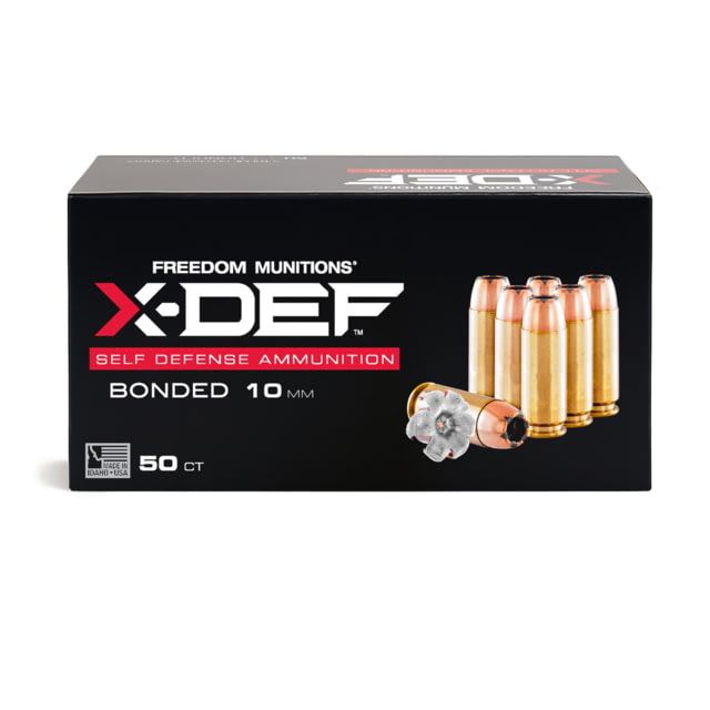 Freedom Munitions X-DEF Defense 10mm 200 Grain Hollow Point Brass Pistol Ammo 50 Rounds edom Munitions X-DEF Defense 10mm 200 Grain Hollow Point Brass Pistol 50 Rounds Ammo