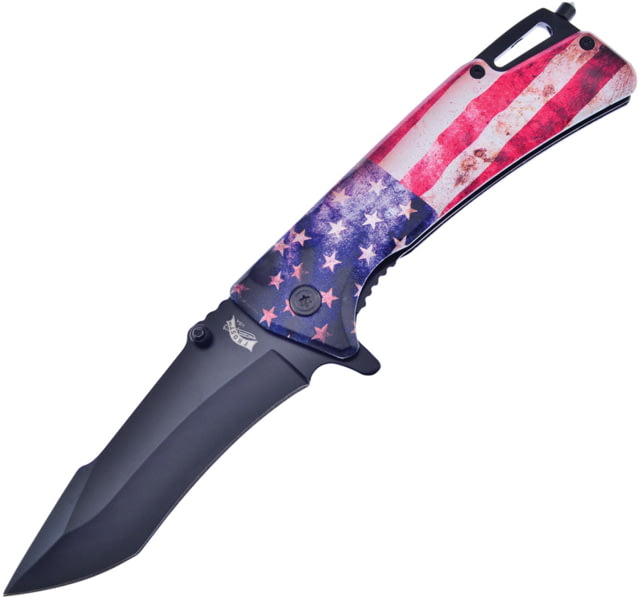 Frost American Flag Linerlock A/O Folding Knife 3.5" black finish stainless tanto blade Aluminum handle