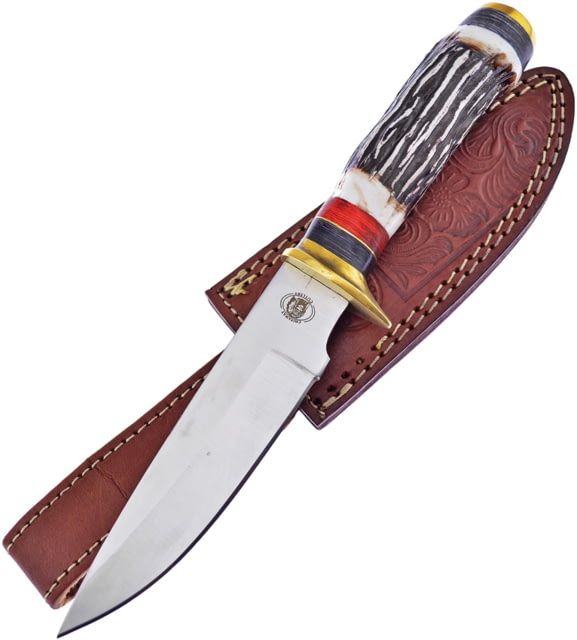Frost Apache Skinner Knife Chipaway 10.5in Overall 5.5in Satin SS Drop Point Imitation Stag Handle Brass Guard Brown Pakkawood Spacers Brown Leather - Frost