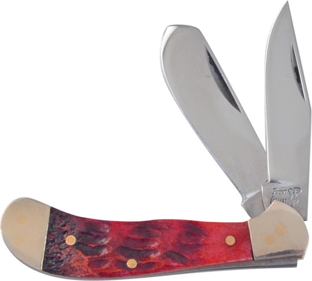 Frost Baby Saddlehorn Folding Knife Mirror finish stainless clip and skinner blades Dark red jigged bone handle - Frost