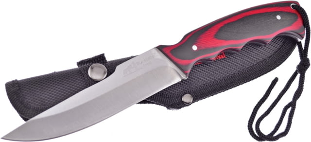 Frost Black Hills Bush Master Red Fixed Blade Knife 9in Overall 4.5in Satin SS Drop Point Finger Grooved Pakkawood Handle Black Nylon Belt Sheath - Frost