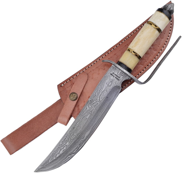 Frost Damascus Bowie Knife 15in Overall 9.5in Damascus Steel Blade Smooth Bone Handle Leather Sheath - Frost