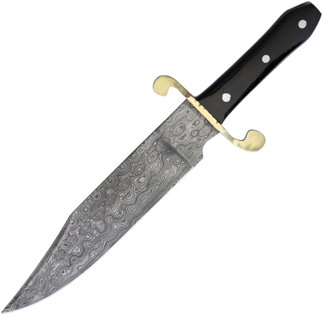 Frost Bowie Knife 14.75in Overall 9.75in Damascus Steel Clip Point Blade Buffalo Horn Handle Brass Guard Brown Leather Sheath - Frost