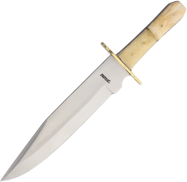 Frost Bowie Smooth Bone Knife Chipaway 15in Overall 10in Satin SS Clip Point Blade White Smooth Bone Handle Brass Guard Brown Leather Sheath - Frost Cutlery
