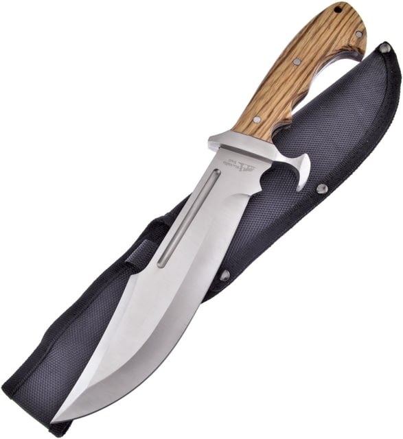 Frost Bowie Walnut with Sheath Fixed Blade Knife Black Hills Steel 13.5in Overall 8in Satin SS Clip Point Blade Walnut Handle SS Guard Black Nylon