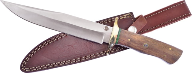 Frost Buffalo Spirit Bowie Knife Chipaway 12.25in Overall 7.5in Satin SS Clip Point Blade Brown Wood Handle Brass Guard Brown Leather Sheath - Frost