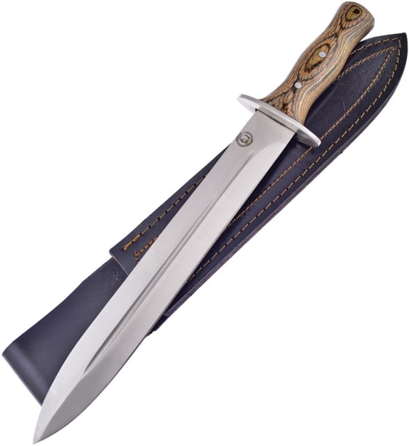 Frost Chipaway Hunter Knife Chipaway 16in Overall 11in Satin SS Blade Brown Pakkawood Handle SS Guard Black Leather Sheath