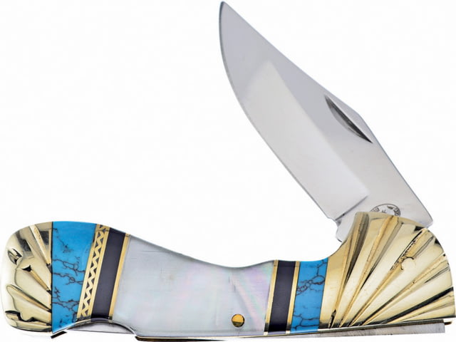 Frost Choctaw Turquoise Silverhorse Folding Knife 2.75" mirror finish stainless clip blade Turquoise black jet and mother of pearl handle - Frost Cutlery
