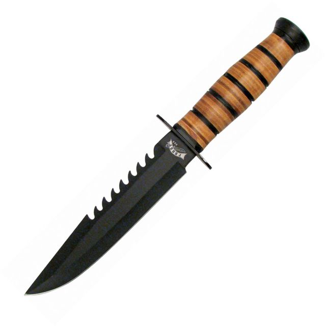 Frost Combat Survival Fixed Blade Knife 7in Stainless Steel Standard Edge Sawback Black Stacked Leather Handle - Frost