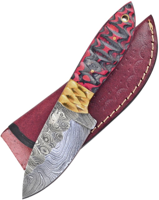 Frost Fixed Blade Chiseled Iron Wood Knife 3.5" Damascus steel blade Red and black chiseled ironwood handle