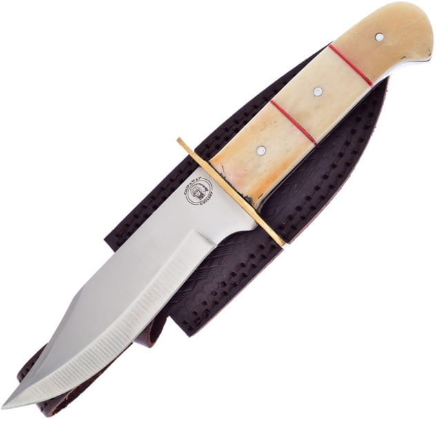 Frost White Smooth Bone Fixed Blade Knife 10.5in Overall 6in Satin Clip Point Blade White Smooth Bone Handle Leather Sheath - Frost
