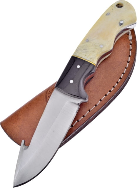Frost Guthook Skinner Knife Chipaway 7.25in Overall 3.25in Satin SS Guthook Blade Buffalo Horn And White Smooth Bone Handle Brown Leather Sheath - Frost