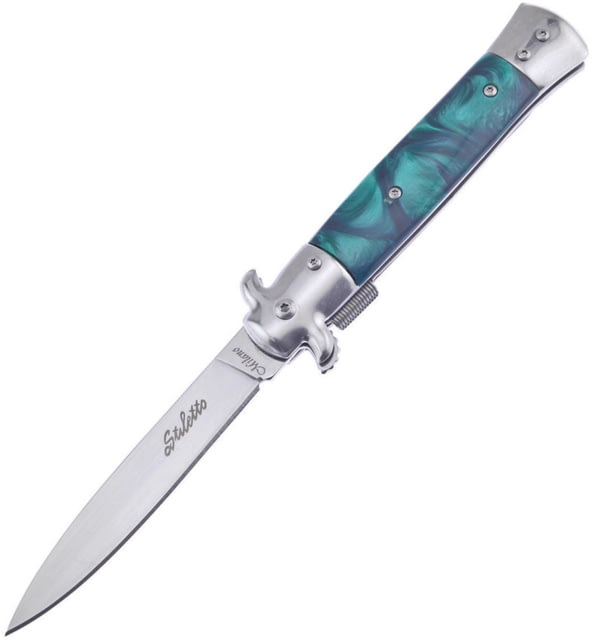 Frost Italian Stiletto Milano A/O Folding Knife 5in Closed 4in Mirror SS Spear Point Blade Green Synthetic Handle SS Bolster Pocket Clip