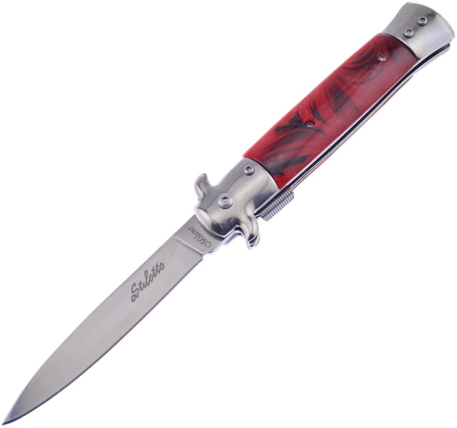 Frost Italian Stiletto Milano A/O Folding Knife Linerlock in Closed 4in Mirror 3Cr13 SS Spear Point Blade Red And Black Synthetic Handle - Frost